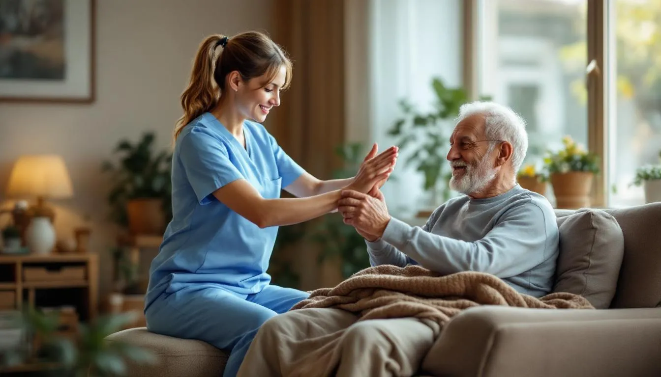 A physical therapist is assisting an elderly patient in a comfortable home environment, focusing on rehabilitation and pain management. This scene highlights the importance of skilled nursing and home health services in providing quality care for patients recovering from injuries or managing medical conditions.